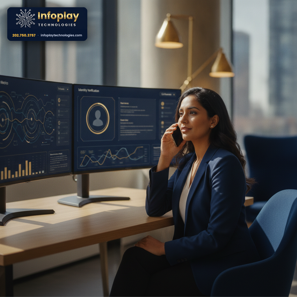 A small-business professional at a desk holding a phone to verify a caller while security dashboards show on two monitors