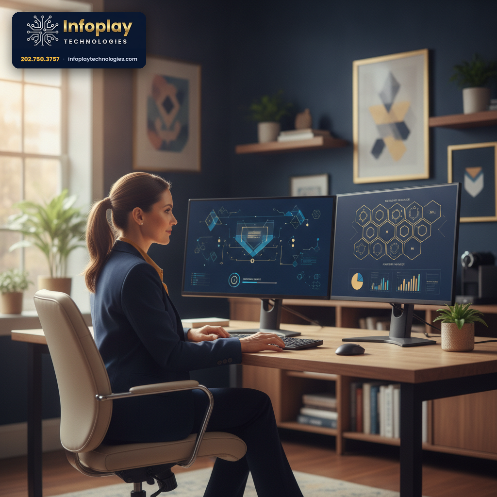 A small-business professional at a desk reviewing clean security dashboards on two monitors