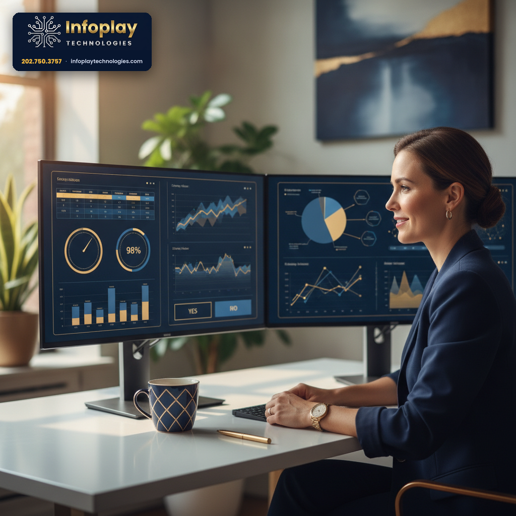 Professional reviewing clean decision dashboards with confidence scores and yes or no panels on two monitors