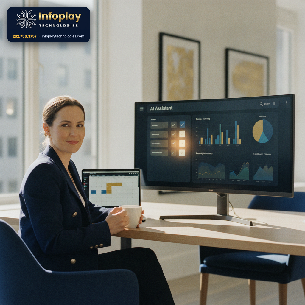 Small business owner relaxing while an AI assistant dashboard completes tasks