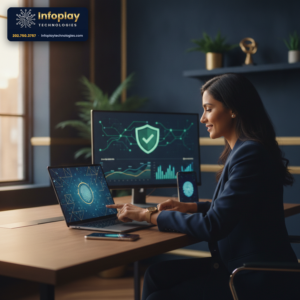 Small business professional signing in with a fingerprint passkey next to a security dashboard