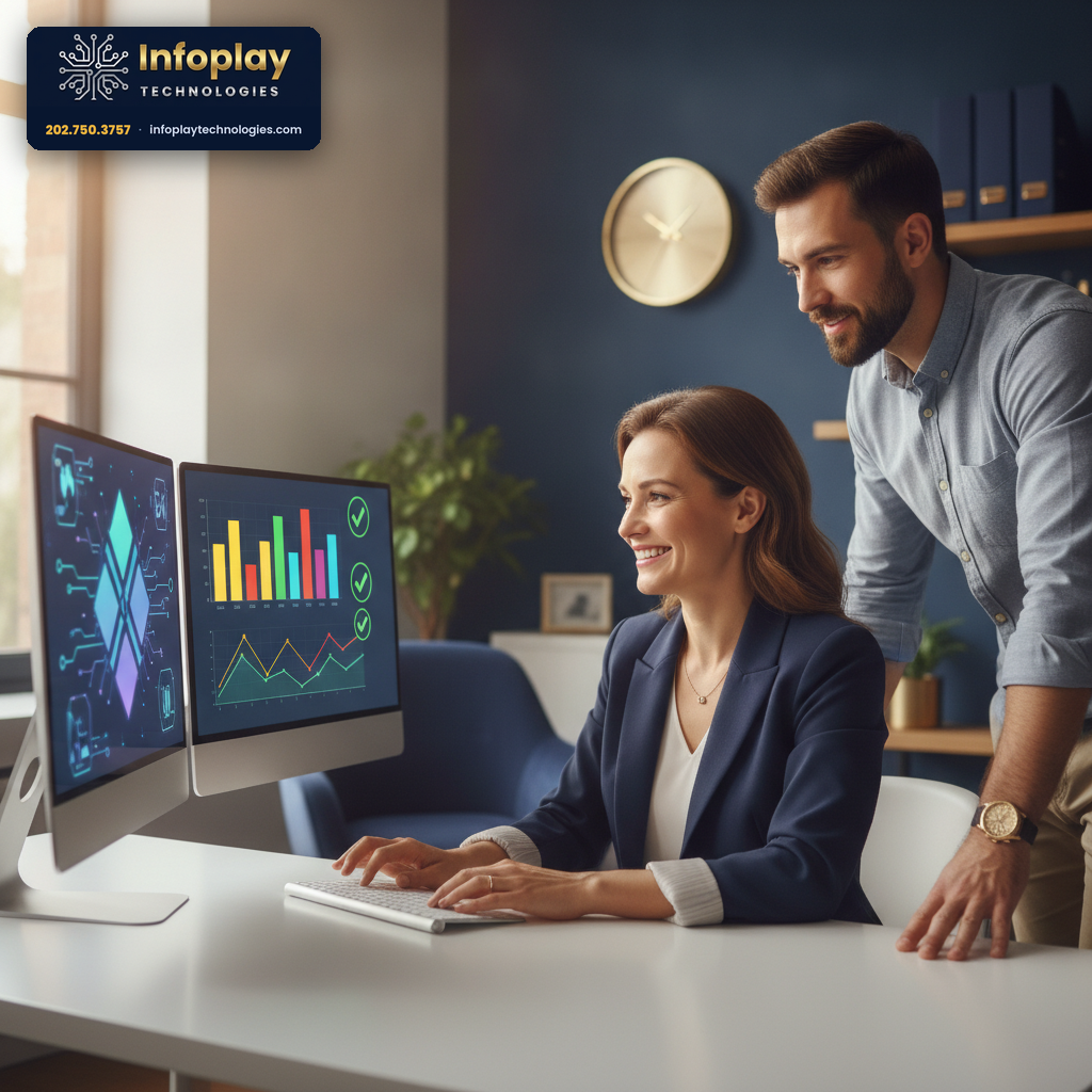 Two colleagues reviewing clean analytics dashboards together on two monitors