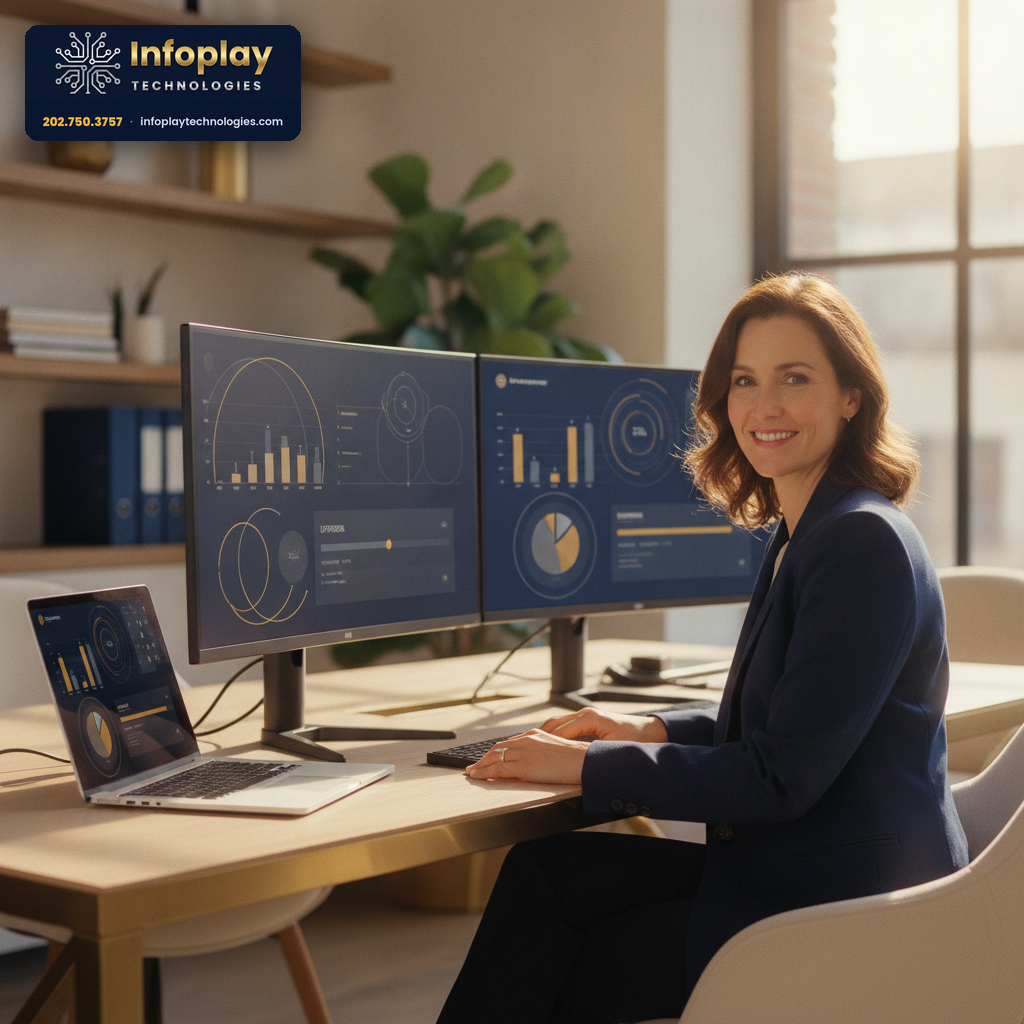 A small-business professional at a desk reviewing device inventory and upgrade dashboards on two monitors